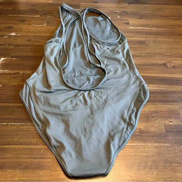 TopShop Olive Green One Piece Swimsuit High Neck Mesh Strapy Sexy Back Size 8 - Picture 5 of 8